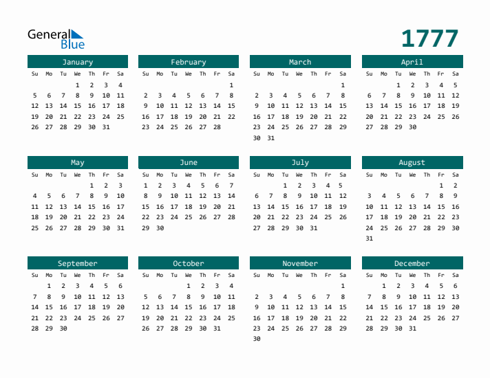 Downloadable 1777 Calendar