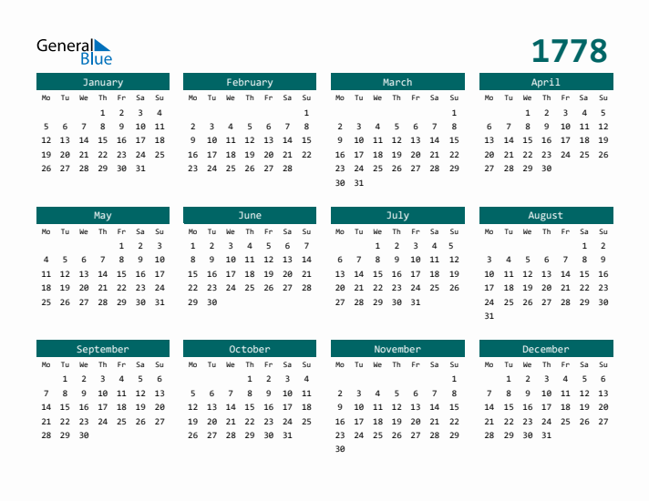 Downloadable 1778 Calendar