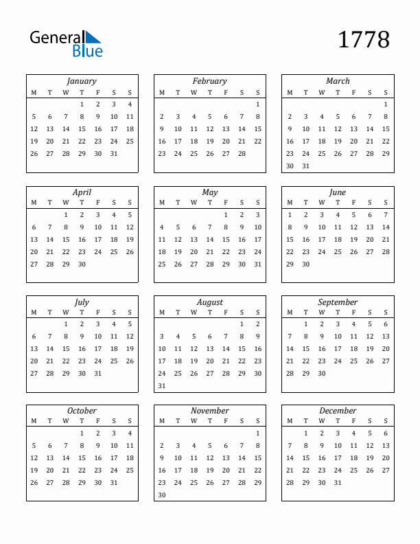 Blank Calendar 1778