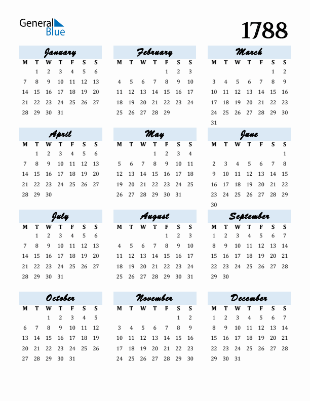 Calendar 1788 Free Download and Print