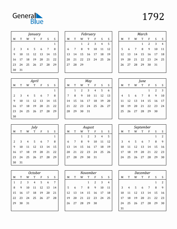 Blank Calendar 1792