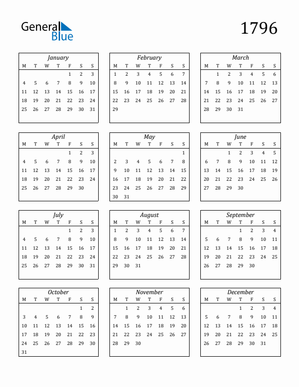 Blank Calendar 1796