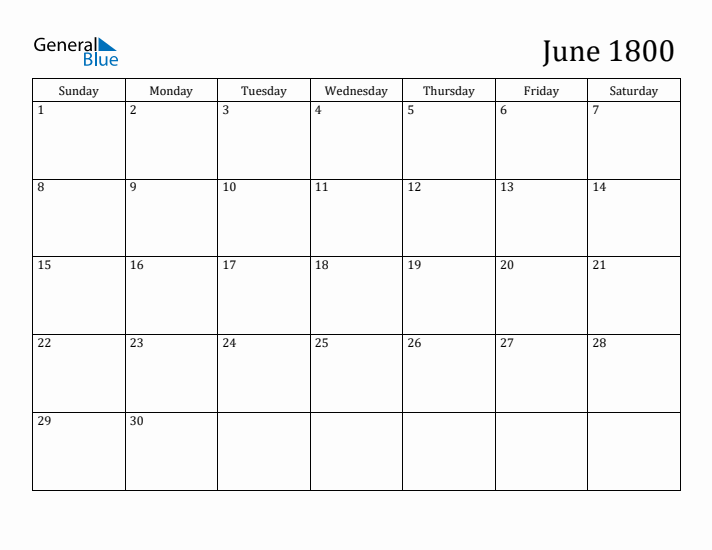 June 1800 Calendar