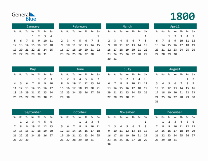 Downloadable 1800 Calendar