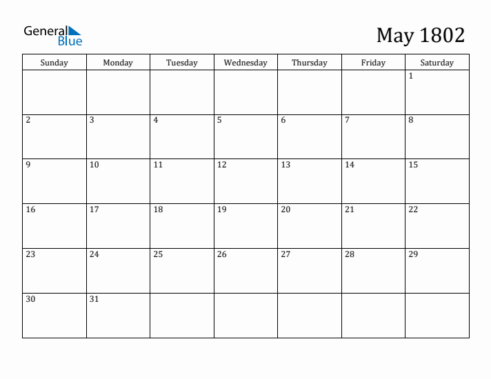 May 1802 Calendar