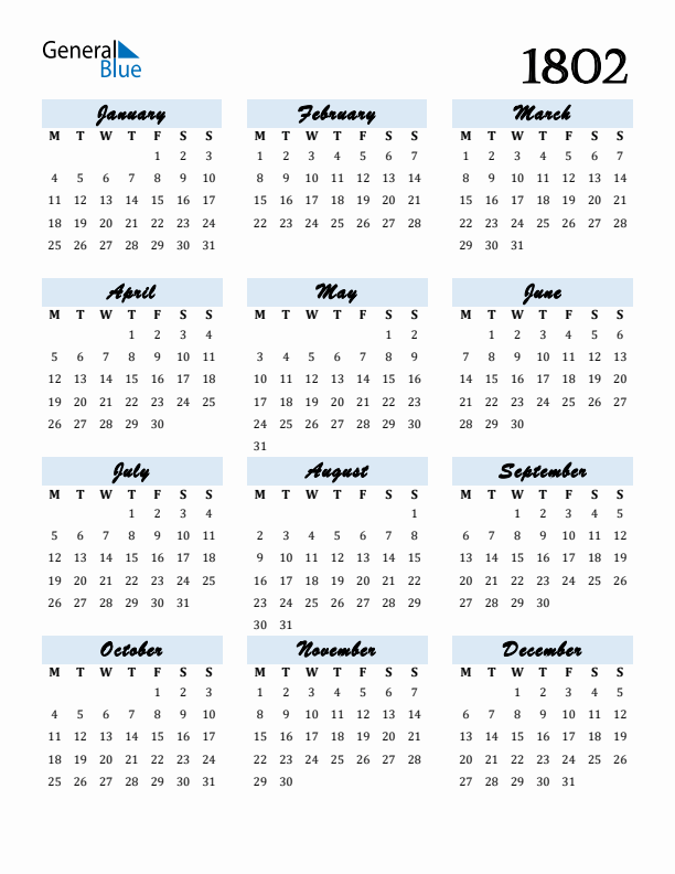 Calendar 1802 Free Download and Print