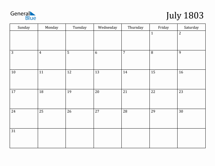 July 1803 Calendar