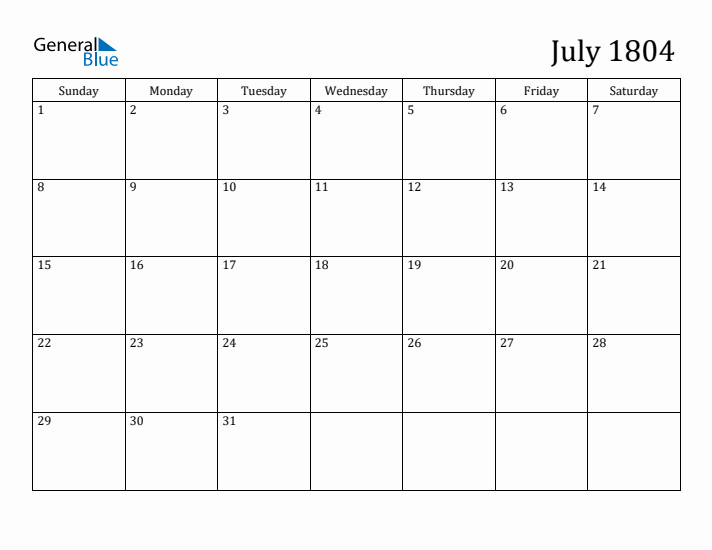 July 1804 Calendar