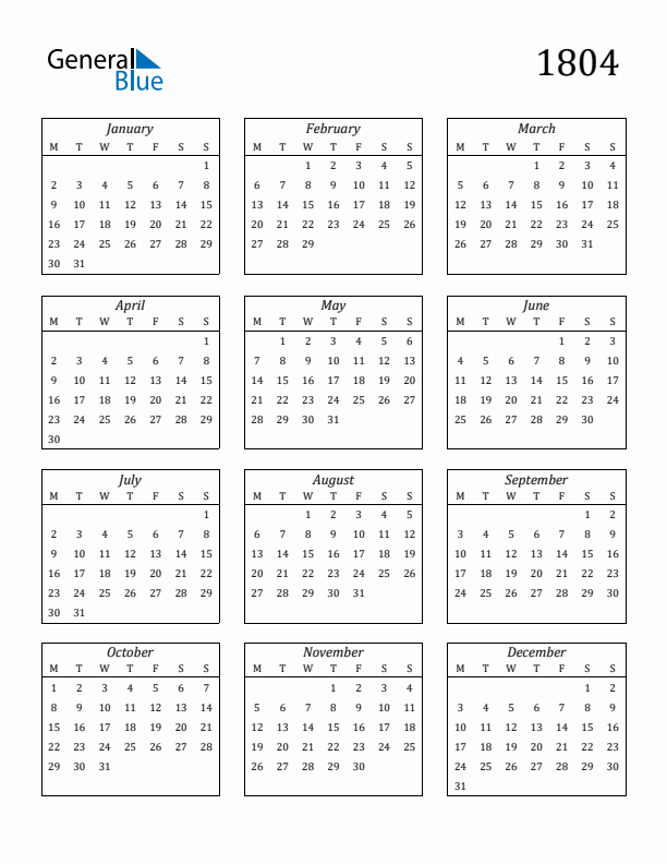 Blank Calendar 1804