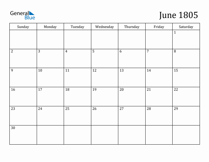 June 1805 Calendar