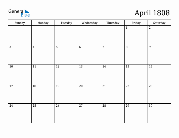 April 1808 Calendar