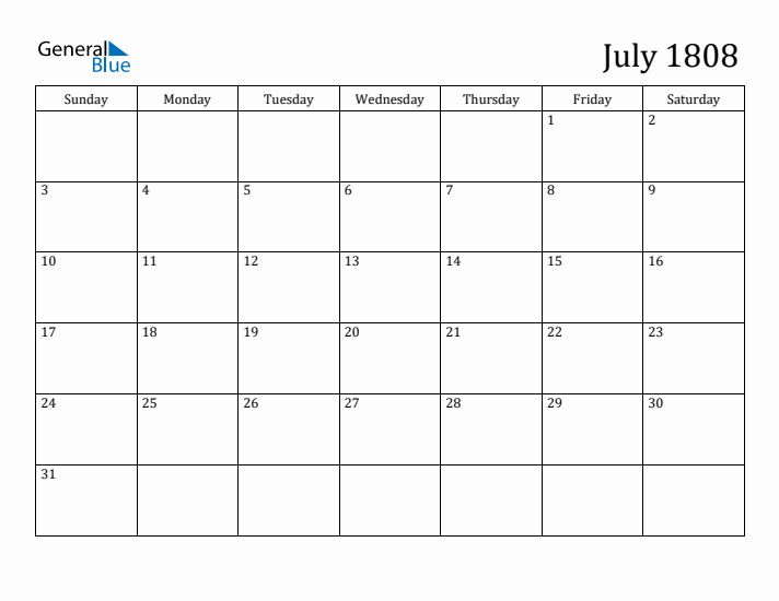 July 1808 Calendar