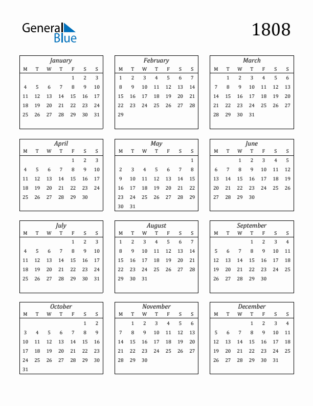 Blank Calendar 1808