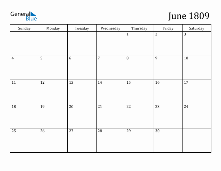 June 1809 Calendar