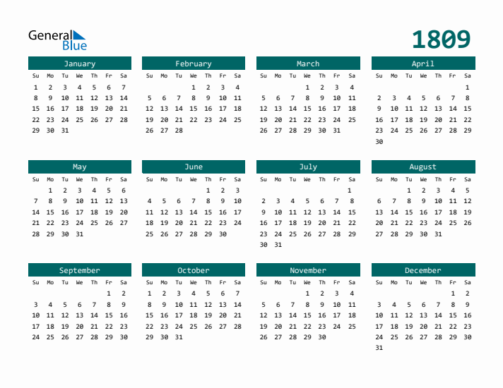 Downloadable 1809 Calendar