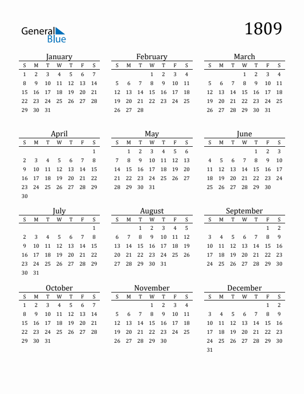 Free Printable Calendar 1809 with Sunday Start