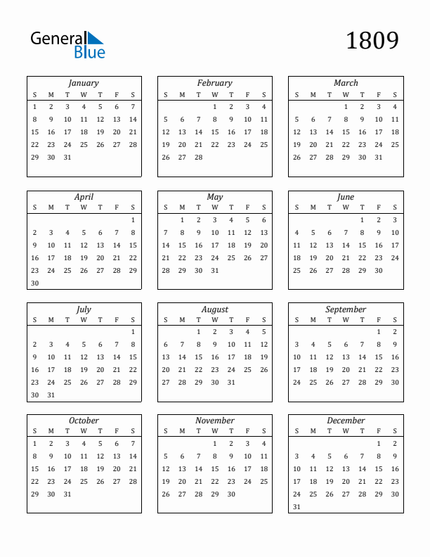 Blank Calendar 1809