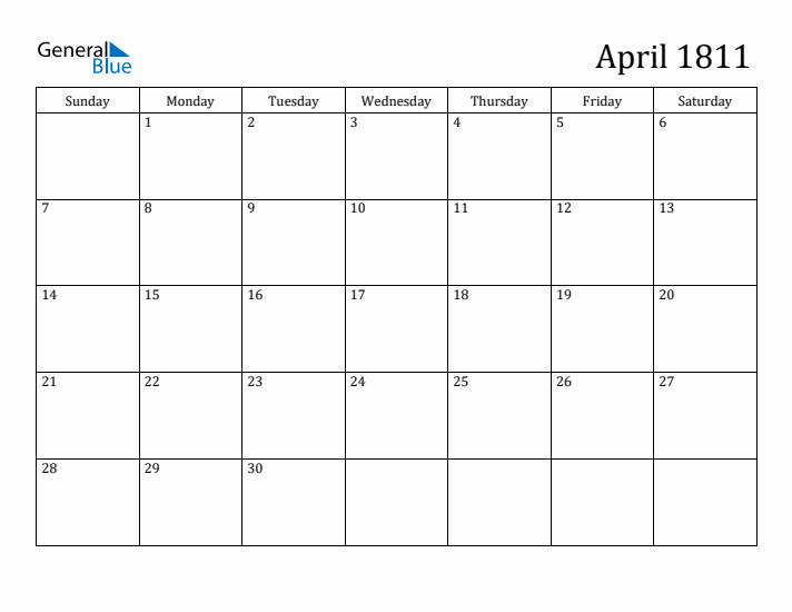 April 1811 Calendar