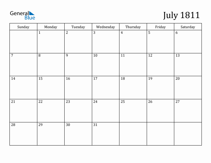 July 1811 Calendar