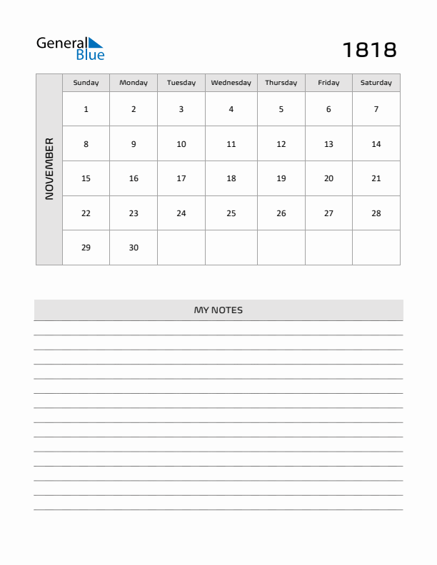 November 1818 Calendar Printable