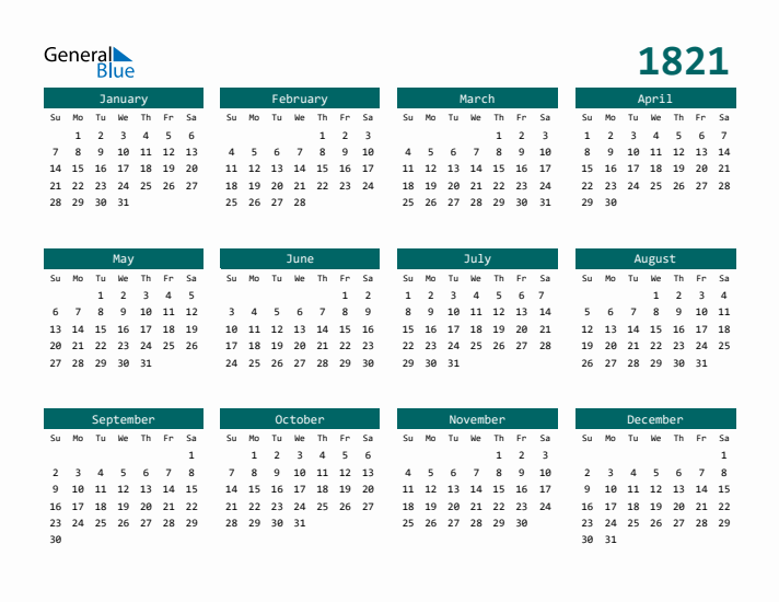 Downloadable 1821 Calendar