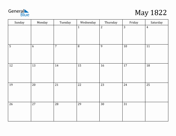 May 1822 Calendar