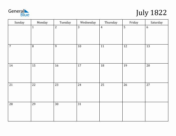 July 1822 Calendar