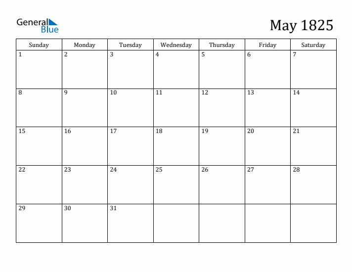 May 1825 Calendar