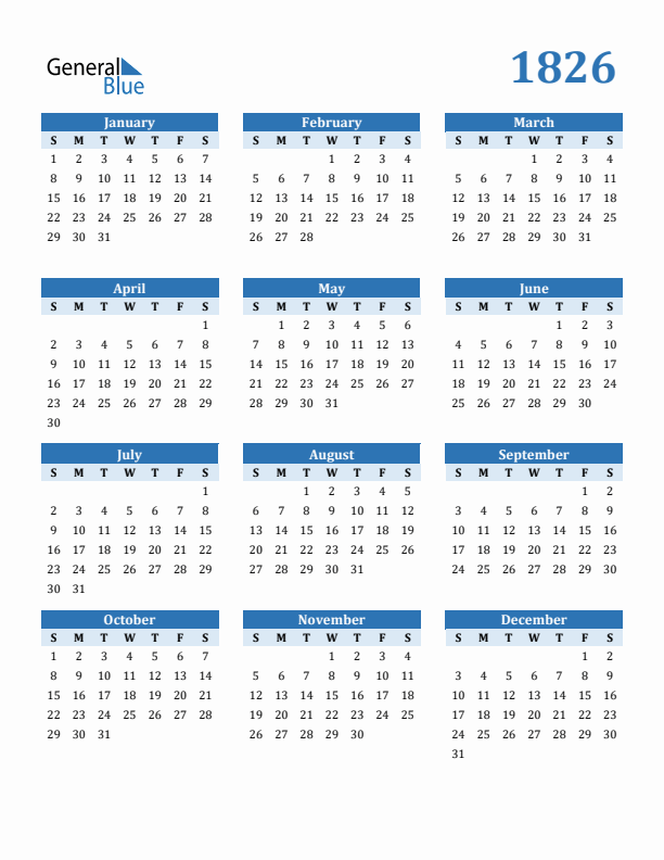 1826 Year Calendar with Sunday Start