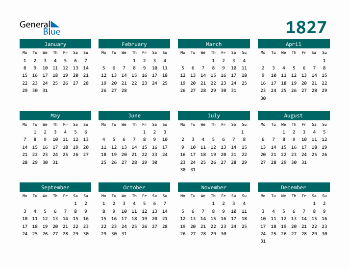 Downloadable 1827 Calendar