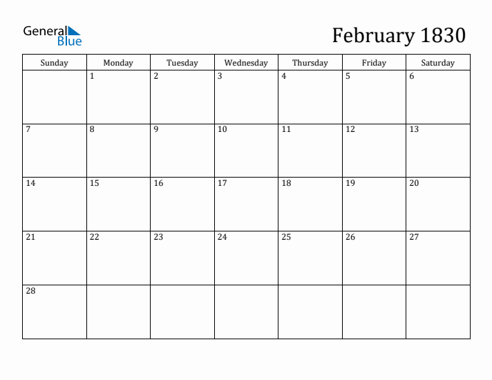 February 1830 Calendar