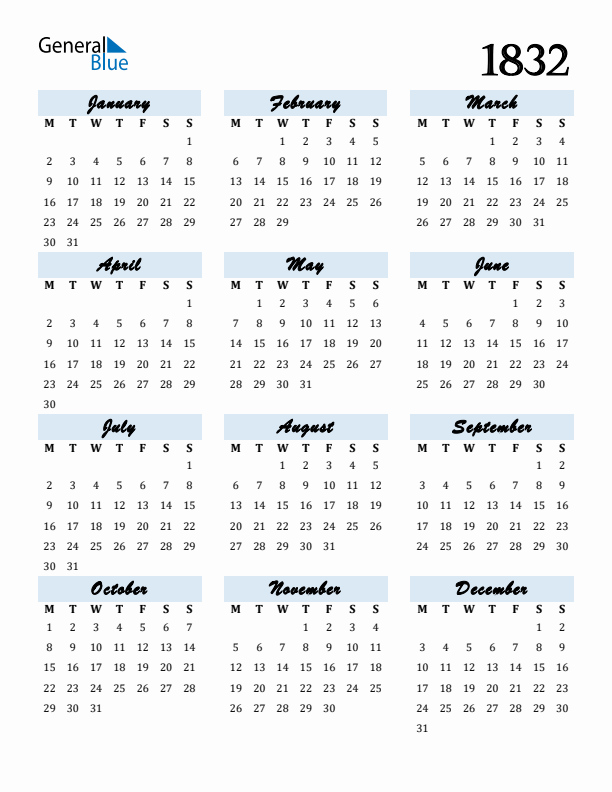 Calendar 1832 Free Download and Print