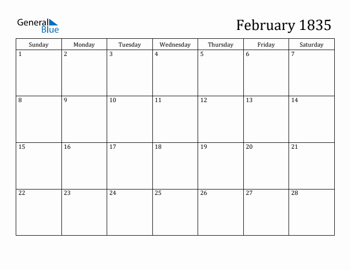 February 1835 Calendar