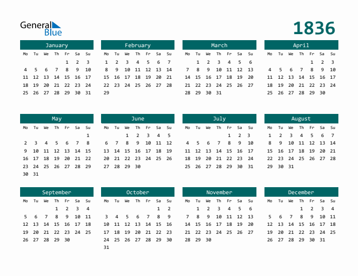 Downloadable 1836 Calendar