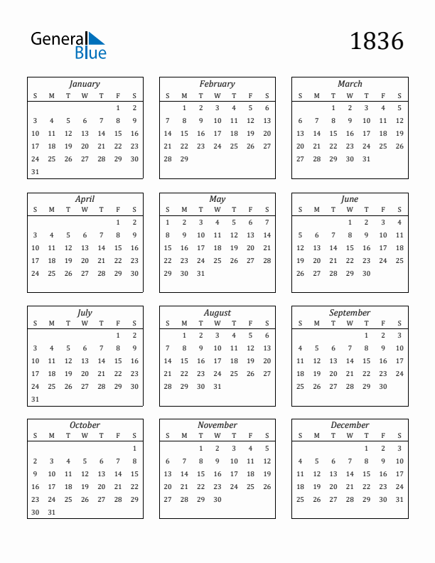 Blank Calendar 1836