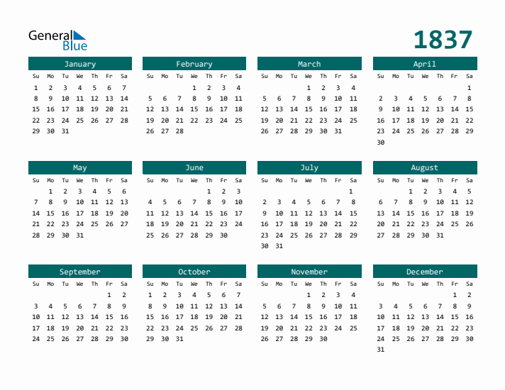 Downloadable 1837 Calendar