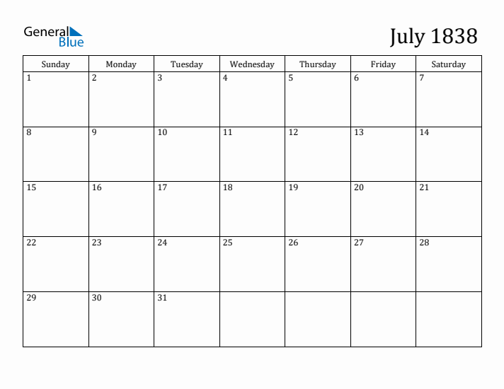 July 1838 Calendar