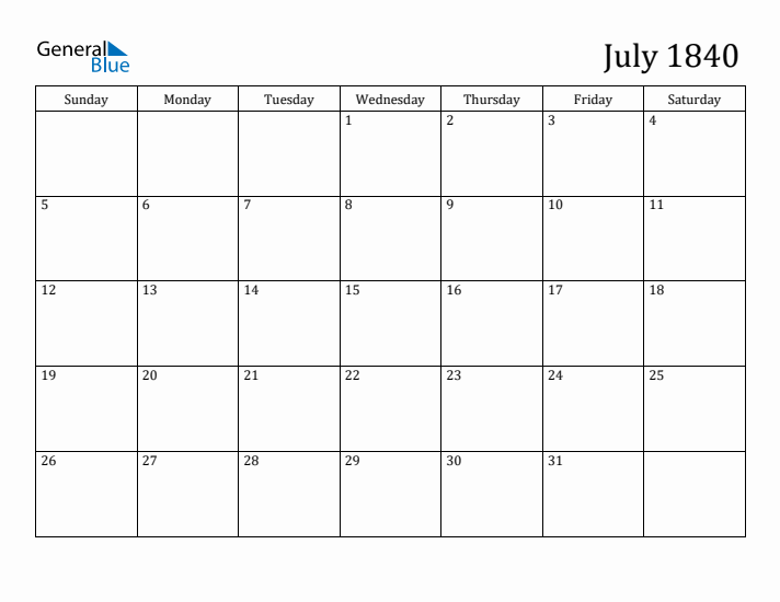 July 1840 Calendar