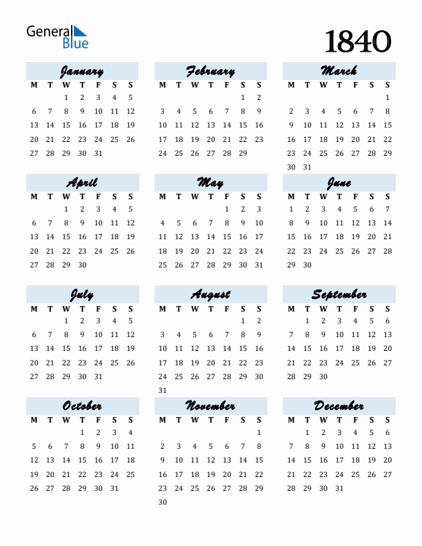 Calendar 1840 Free Download and Print