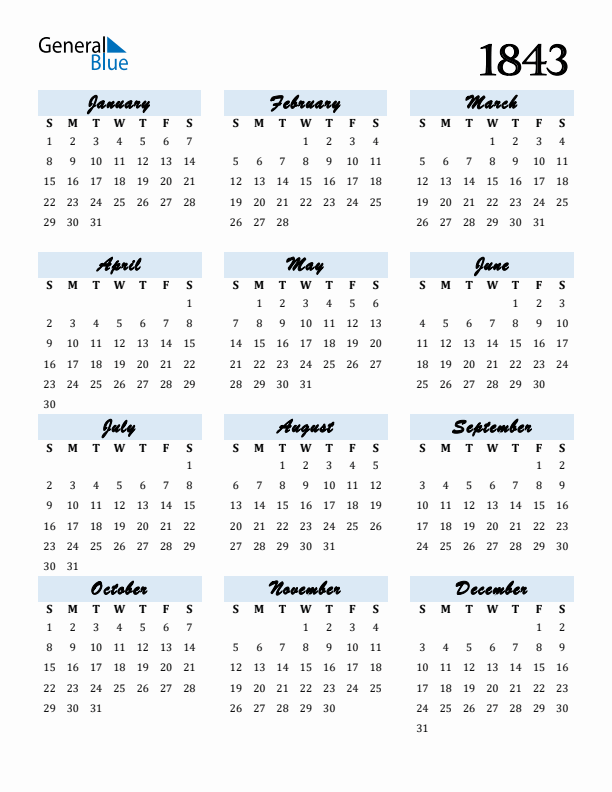 Calendar 1843 Free Download and Print