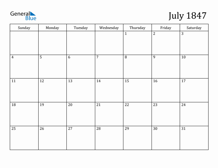 July 1847 Calendar