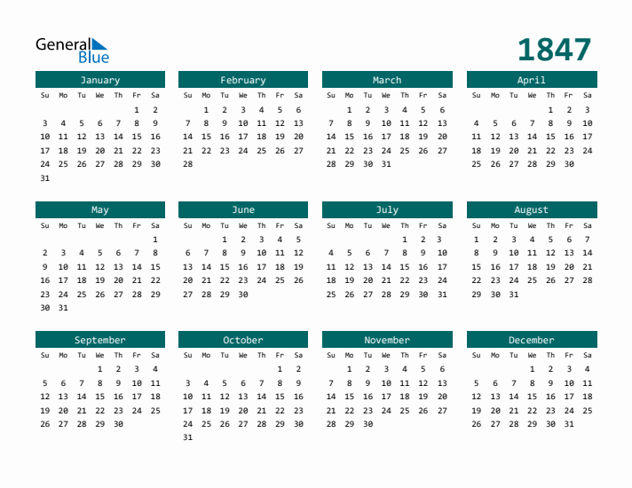 Downloadable 1847 Calendar