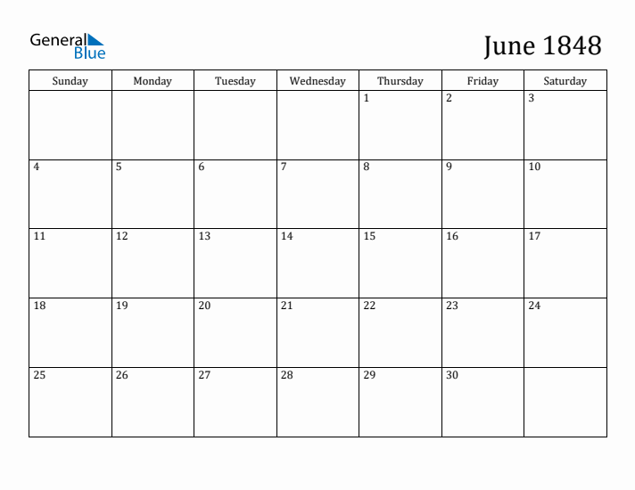 June 1848 Calendar