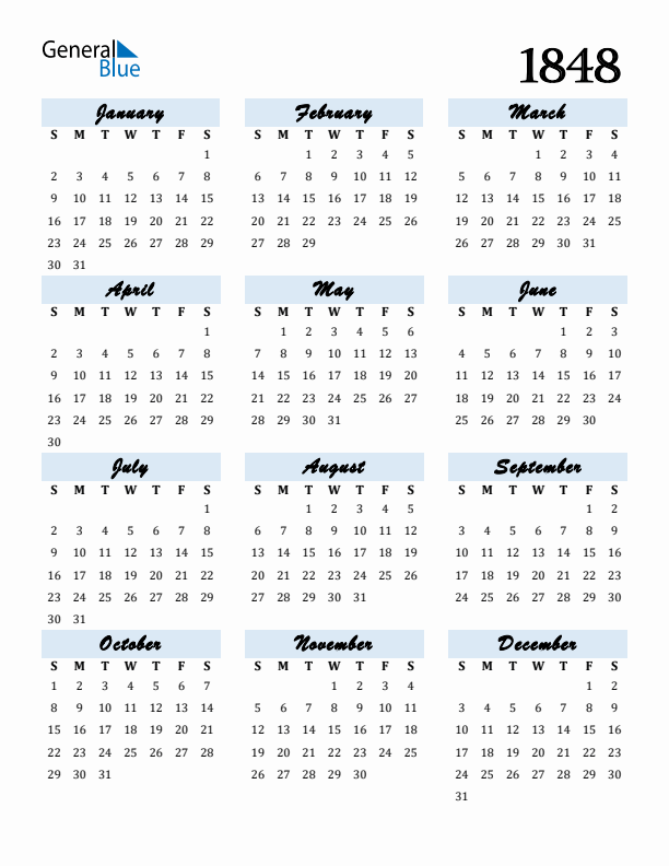 Calendar 1848 Free Download and Print