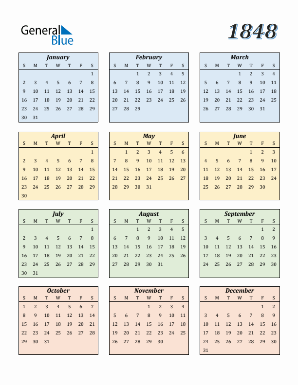 Calendar for 1848 (Sunday Start)