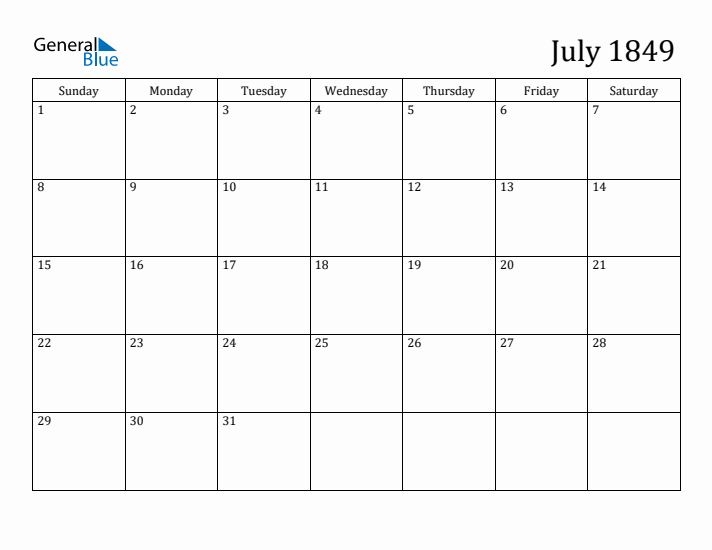 July 1849 Calendar