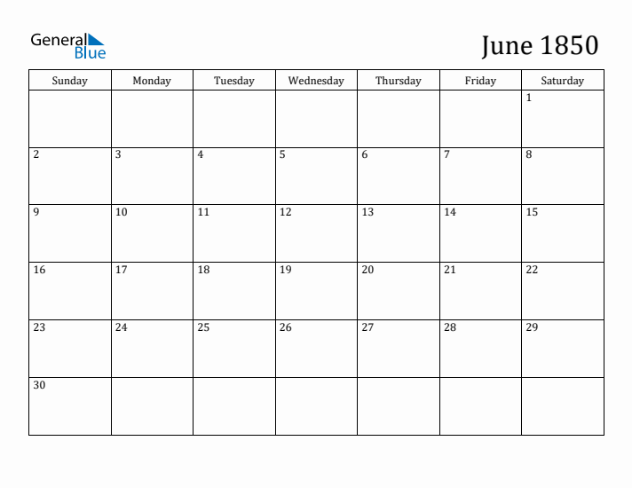 June 1850 Calendar