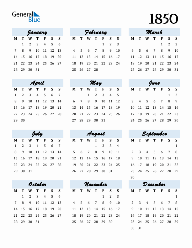 Calendar 1850 Free Download and Print