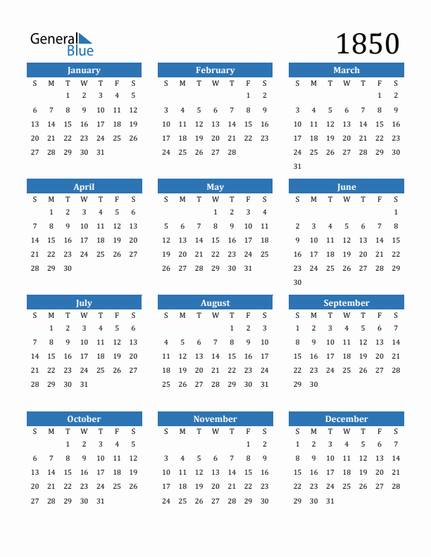 1850 Yearly Calendar