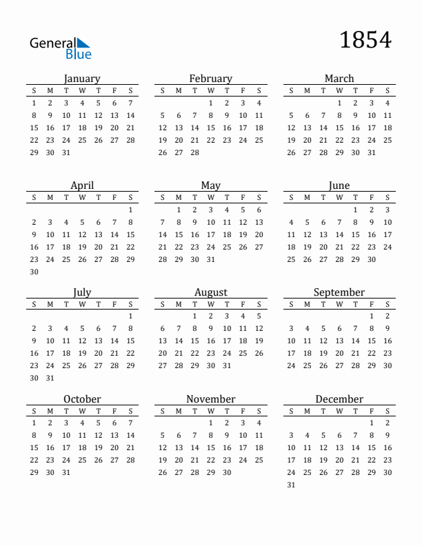 Free Printable Calendar 1854 with Sunday Start